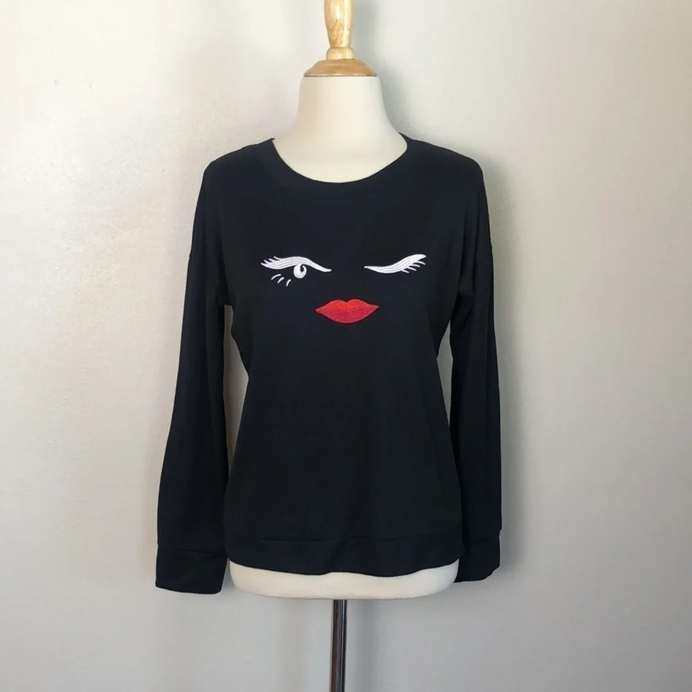 KATE SPADE‎ Women's Small Black Wink Lips Face Embroidered Sweatshirt Designer